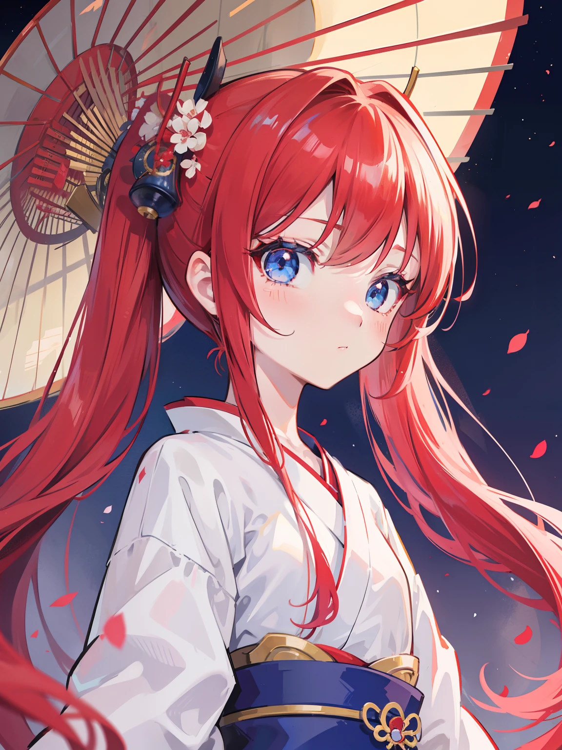 red hair,blue eyes,twintails,Wafuku,Geisha,loli,solo,long hair,Japanese,{{best quality}}, {{masterpiece}}, {{ultra-detailed}}, {illustration}, {detailed light}, {an extremely delicate and beautiful},little girl,cute,