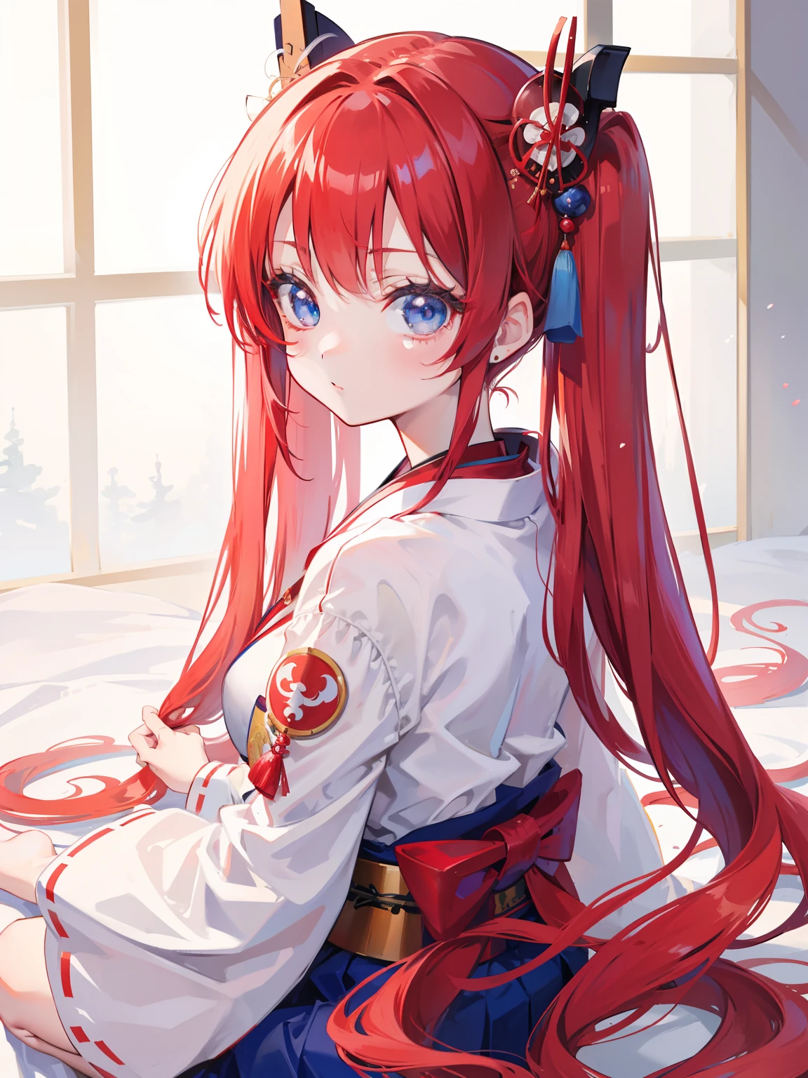 red hair,blue eyes,twintails,Wafuku,Geisha,loli,solo,long hair,Japanese,{{best quality}}, {{masterpiece}}, {{ultra-detailed}}, {illustration}, {detailed light}, {an extremely delicate and beautiful}, girl,cute,