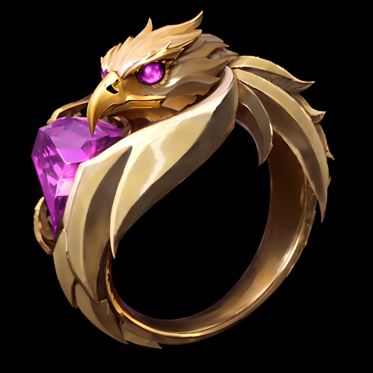 Close-up of the ring,Eagle head made of pure gold metal,Purple crystal shining eyes,It has a metal block structure that is minimalist and minimalist,This is a simple and pure gold metal head。The eagle's wings wrap around the purple brilliant crystal stone in front of it,Sparkling with the brilliance of gemstones,Close up of purple gemstone eyes,Gold metal icon,Metal statue,sharp、smooth、Concise close-up of metal head structure,Well-designed head,3D icon for round mobile game,game icon asset,game icon stylized,Metal reflection,(Extremely detailed CG unity 8k wallpaper),The most beautiful artistic photo in the world,Clear boundaries and focus,There is a bird on it, Ancient rings, Golden aristocracy, Sunpunk Phoenix, A godsend, Kenku, elden ring style, Gold and precious stones, Precious stones and gold, Black Agave Eagle Warlord, Realistic golden wings