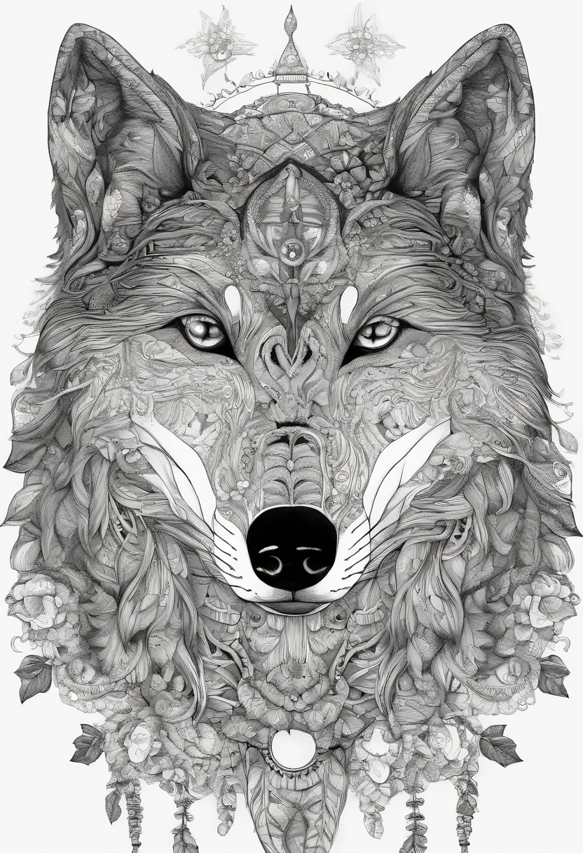 Mystical Black Wolf with Moon Flowers Around.