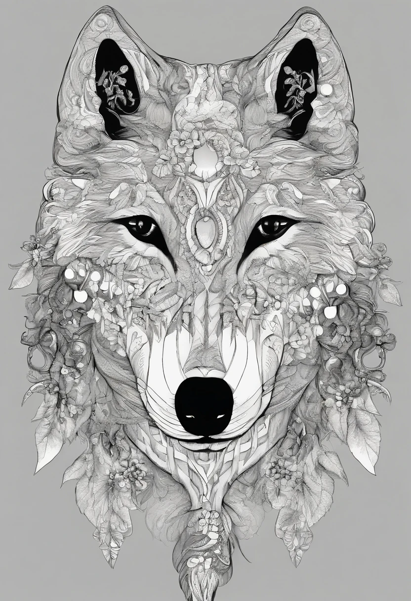 Mystical Black Wolf with Moon Flowers Around.