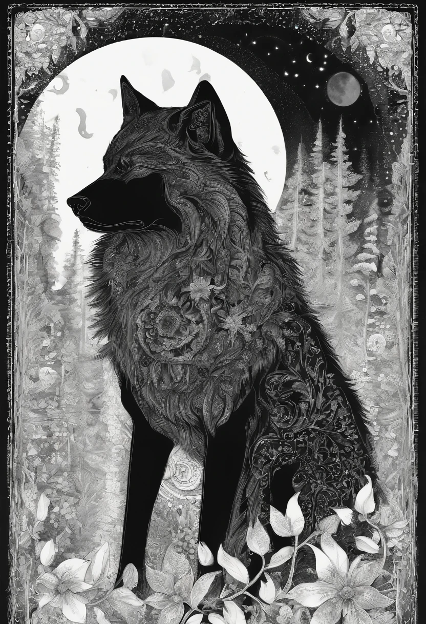 Mystical Black Wolf with Moon Flowers Around.