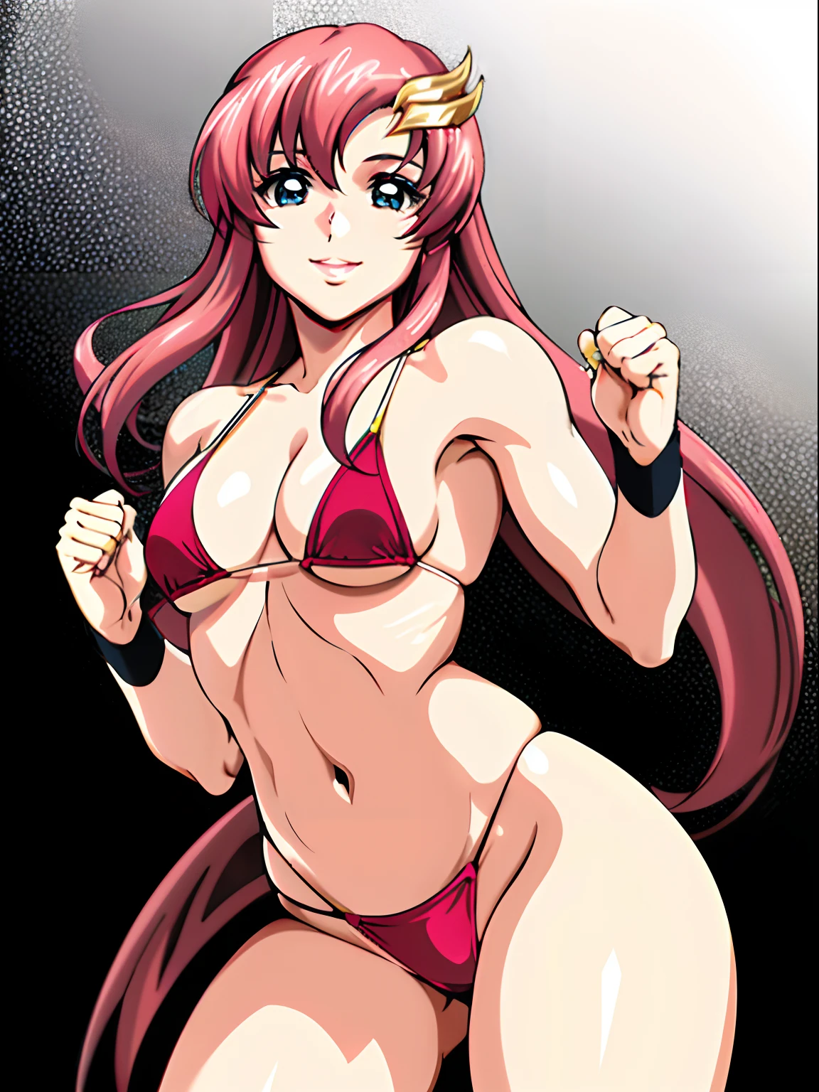 (masterpiece, far view, 4K, Best Quality, Anime style: 1.9,, Adult Woman, ultra detailed face, ((white color only background)), Drawing lines, high resolution, Anime, lacus4), 1girl, Solo, curvy figure, Long hair, 鎖骨, scapular, (Detailed wide hair bangs, Hair Ornament, Detailed reddish-pink hair, golden crest), cleavage, large hands, (female wrestler). (Big blue eyes, shiny eyes), ((female wrestler, little biceps, slender body, broad shoulders, closed fists)), ((perfect proportions, medium breasts, long belly)), (((micro bikini, pink wrestling gear, champion))), happy, smile, , (belly dancing, looking at the viewer), , showing off underarm, (elegant lady), random pose,