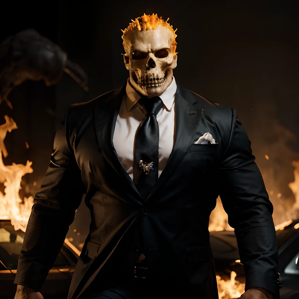 Ghost rider , muscled with huge pecs , hugge torso , huge arms , with a skull head like with fire , in suit with a tie ans spikes