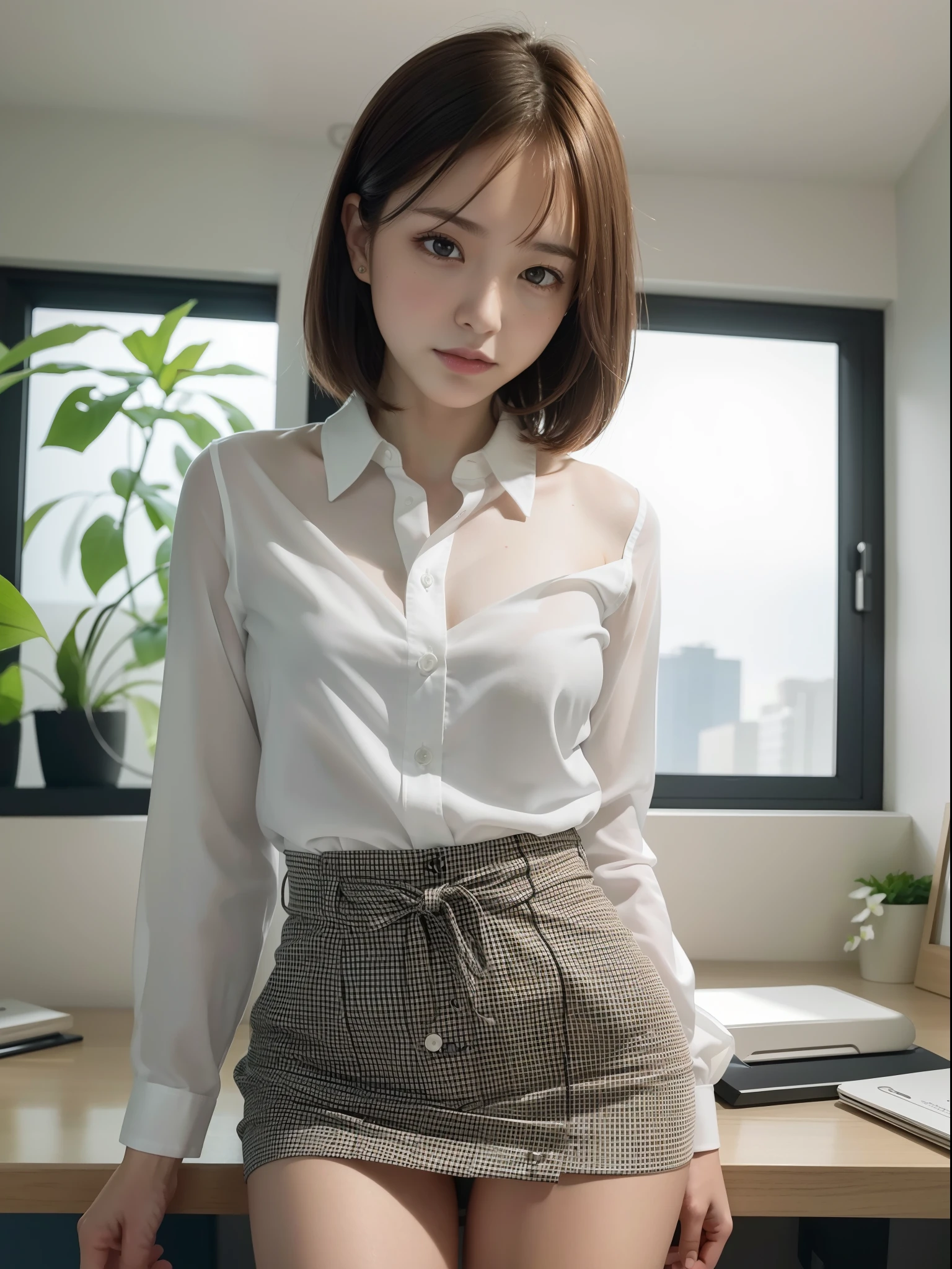 ((top quality, 8k, masterpiece: 1.3, raw photo)), Sharp Focus: 1.2, (1 aespa girl: 1.2), (Realistic, Photorealistic: 1.37), (face focus: 1.1), cute face, small breasts, flat chest, short messy hair, (wet long button white shirt: 1.1), she is rolling up her skirt, showing white panties, Beautiful Woman Sitting Under Street Lamp Light, cinematic lighting