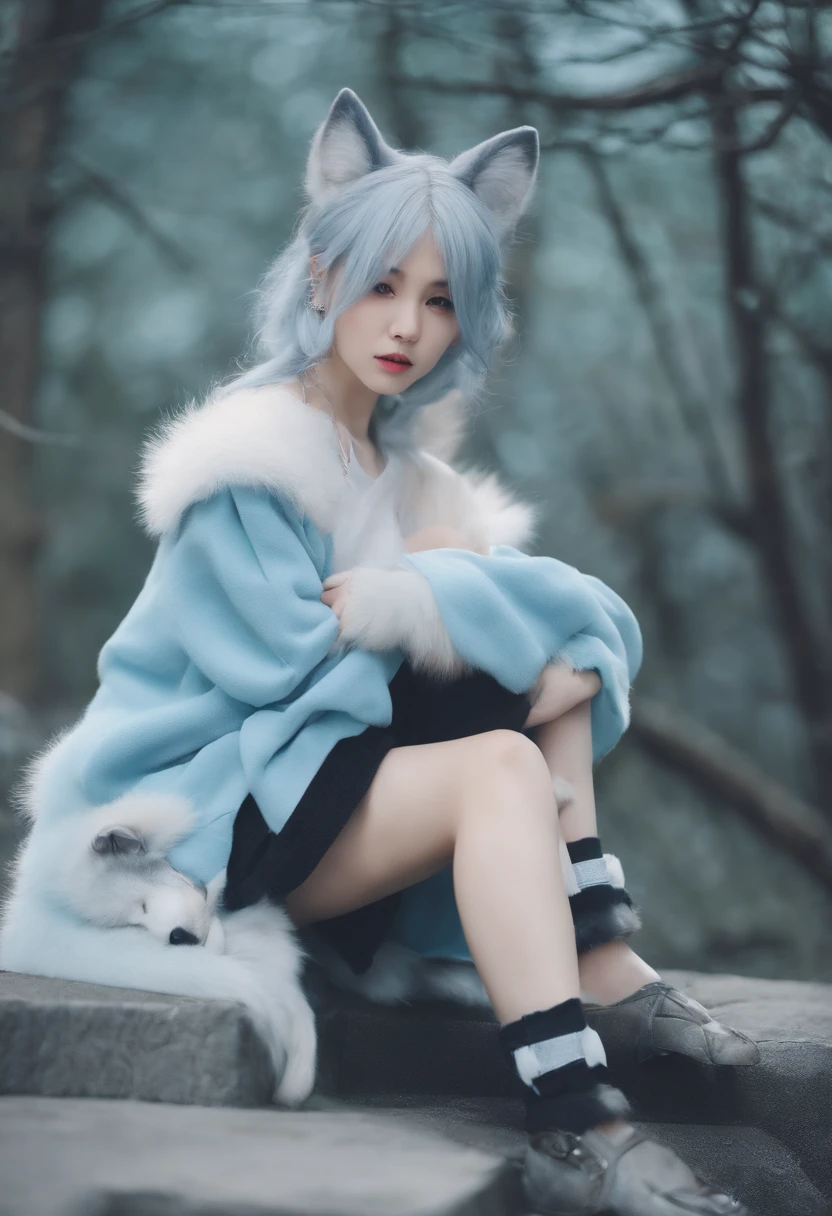 Beautiful 8K Ultra HD professional photos, Sharp focus, In a stunning fantasy world, A cute light Blue-haired girl，Rimuru Tempest,There are real demon horns and a mysterious 1 giant wolf, A joyful smile, In bright natural light, full body shot.