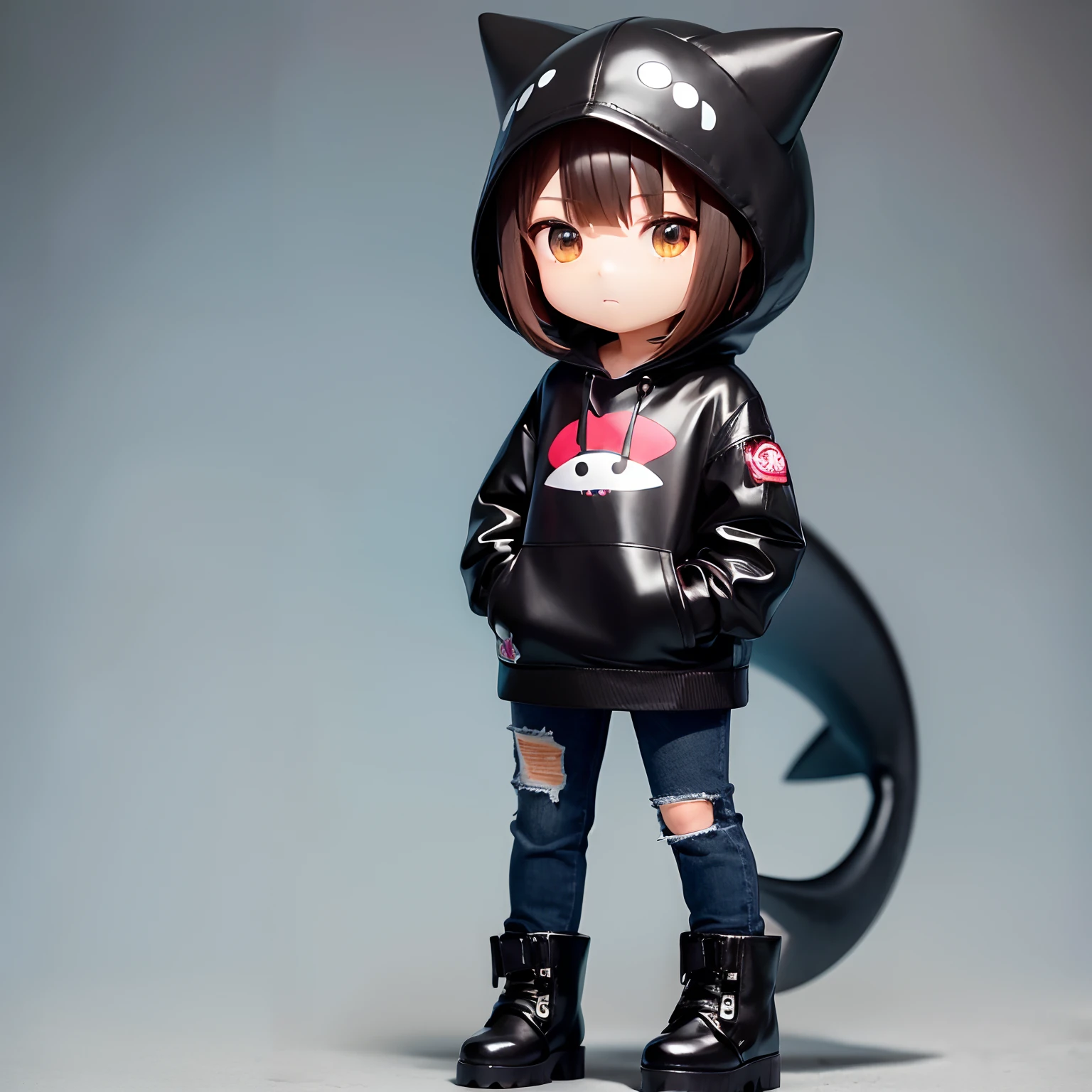 nendoroid,Chibi, ((full body Esbian)), Shark Hat,One girl in black leather raincoat with patch pockets, Hibiscus Mark T-Shirt,Wearing jeans, In boots,brown haired, Hairstyle Bob,with brown eye,combat pose, estilo chibi, white backgrounid,