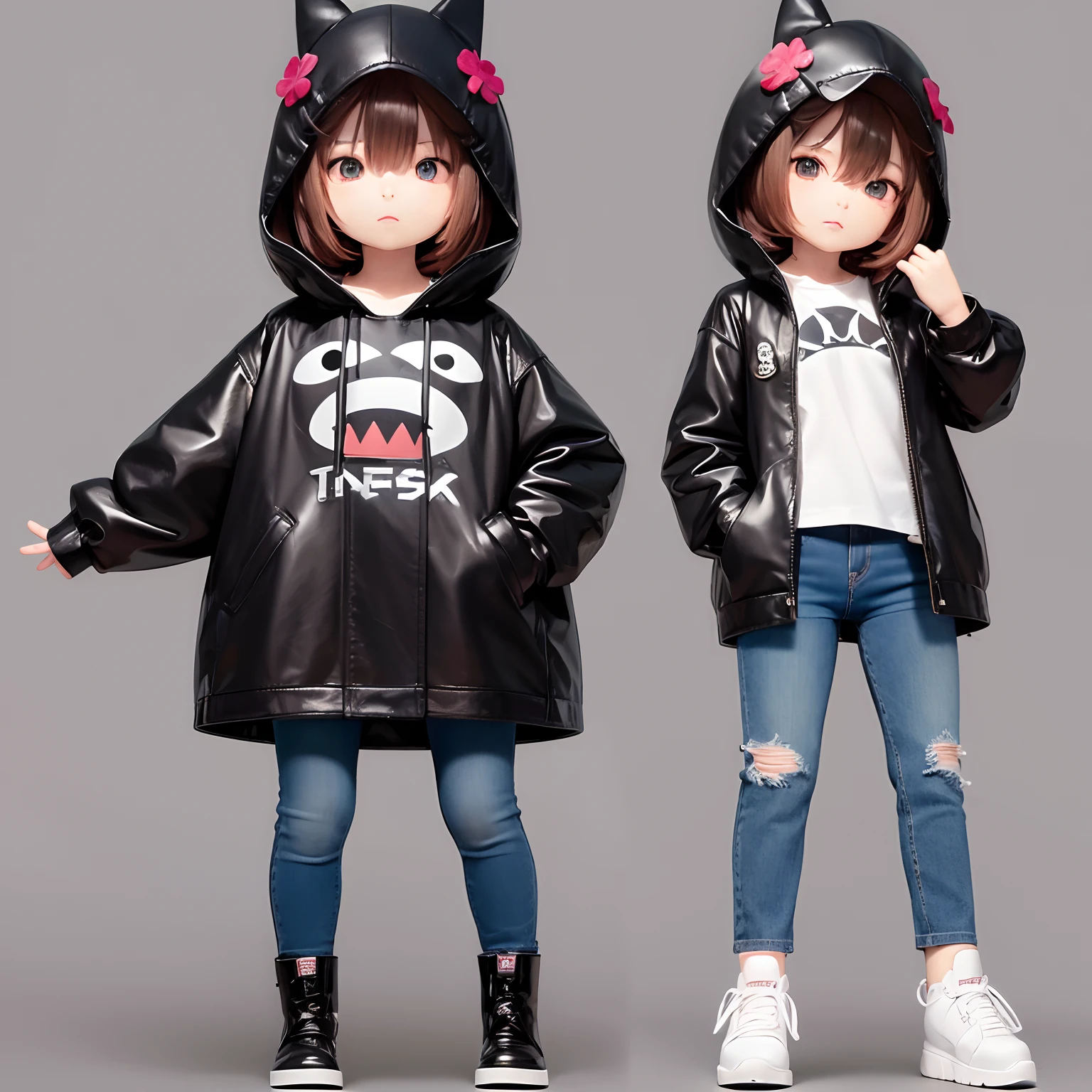 nendoroid,Chibi, ((full body Esbian)), Shark Hat,One girl in black leather raincoat with patch pockets, Hibiscus Mark T-Shirt,Wearing jeans, In boots,brown haired, Hairstyle Bob,with brown eye,combat pose, estilo chibi, white backgrounid,