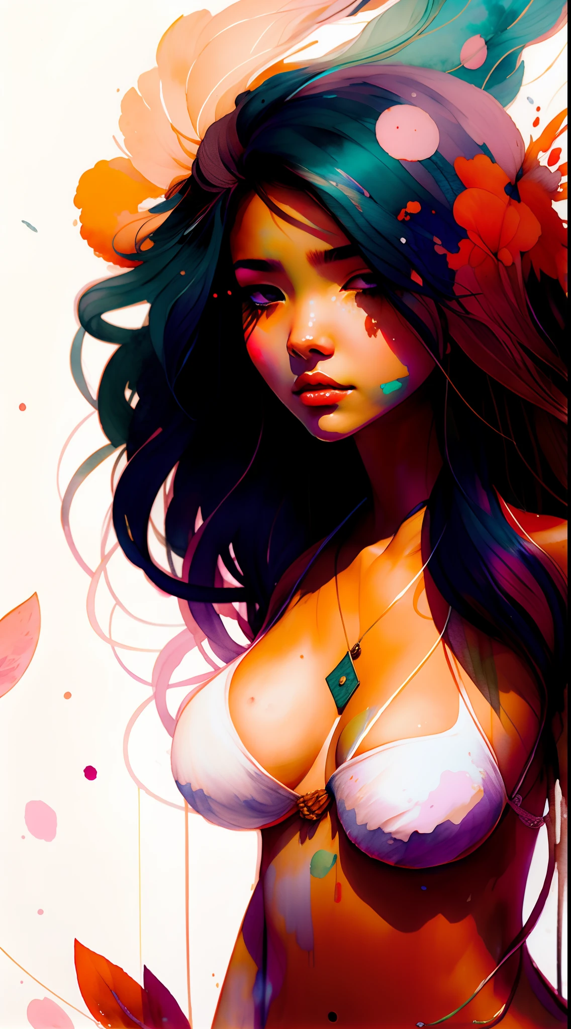 Wtrcolor style，（tigre）Digital art，offcial art，Blowing in the wind，tmasterpiece，big breasts beautiful，（（aquarelle）），paint splatter，Complicated details。The is very detailed，[Dripping:0.7]，Trends on ArtStation，Rachel Walker