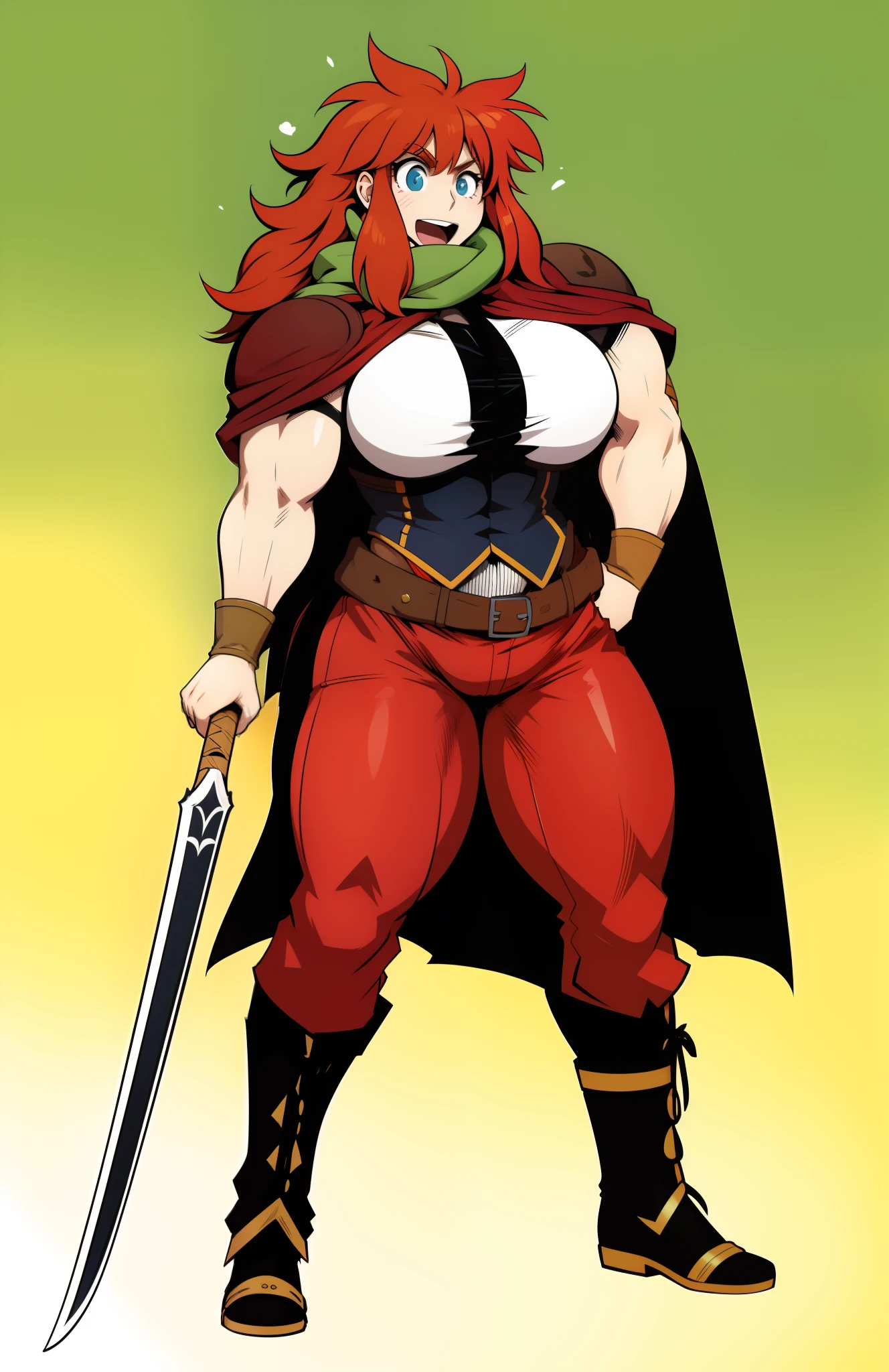 tomboy, guerrier, Berserker, Grande femme, muscular female, cheveux vivants, sauvage,, Medieval clothing, fantaisie, Arme fantastique, Huge-breasts, pantalon barbare, cheveux roux, sourire fou, bouche ouverte, biceps, cravate, thick arm, cheveux roux poilus, poils pubiens, Medieval, Medieval clothing, Medieval fantasy, corps complet, bikini, Armure de bikini, homme des cavernes,pantalon