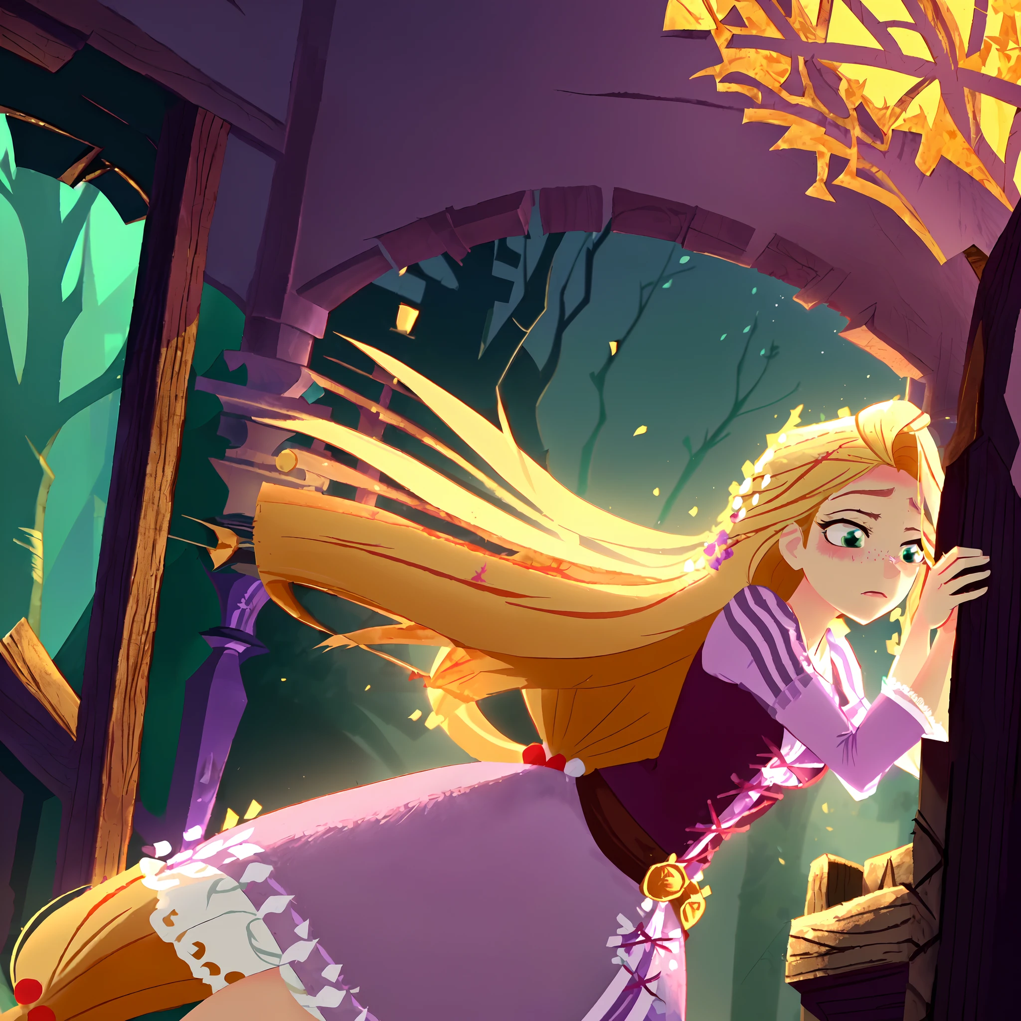 Rapunzel was robbed and beaten outside of a forest cabinet, and had endured hours of pain, beatings, slashes, gun shots, and blows. Now she just stares out at the sunset, green eyes barely open, and unable to pick herself up or breath easily hoping for someone to save her. (Rapunzel, big breasts: 1.4), (tattered, ripped, shredded purple lace dress: 1.9), (dishelved long blond hair: 1.4), Rapunzel comatose and on a porch: 1.2), Rapunzel scarred, bruised, and exhausted: 1.9), (Rapunzel has a miserable and painful facial expression: 1.8), (Rapunzel stick on her back and her head looking to the  right: 1.9), (detailed Rapunzel character: 1.9), (close up view: 1.9), (brutal environment: 1.6), (pieces of the dress torn off: 1.9)