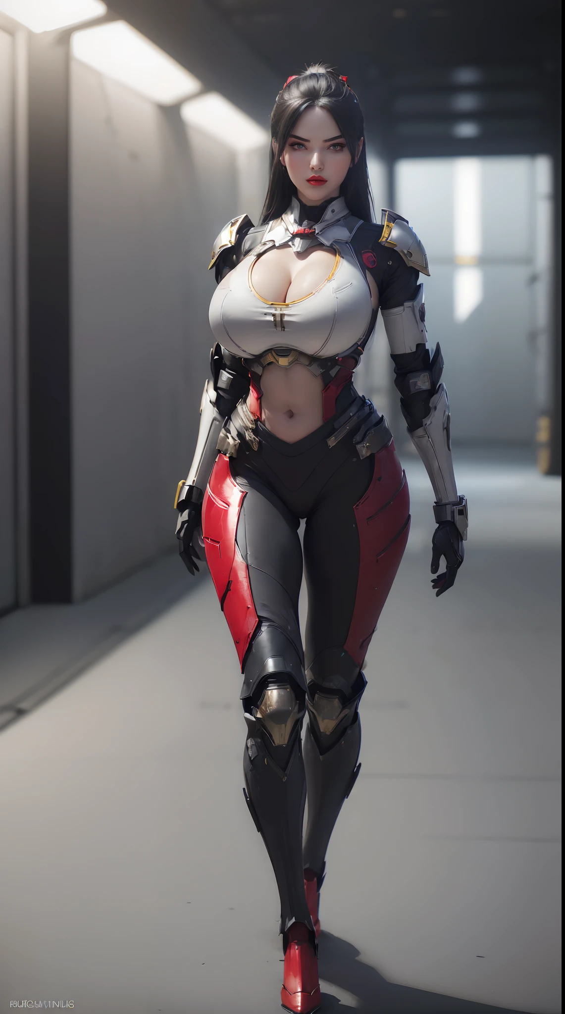 (1GIRL,SOLO:2), (super detailed face), (black hair:1.3), ((BIG BUTTOCKS, HUGE FAKE BREASTS:1.5)), (CLEAVAGE TOP:1.5), (11 LINE ABS FEMALE:1.4), (MECHA GUARD ARM:1.4), ((WEAR RED BLACK OVERWATCH MECHANICAL ARMOR CROP TOP, BLACK MECHANICAL SKINTIGHT SUIT PANTS, MECHA GUARD ARMOR LEGS, HIGH HEELS:1.5)), (LEWD VOLUPTUOUS BODY:1.3), (GLOWING SKIN:0.8), (LONG LEGS, FULL BODY:1.1), (LOOKING AT VIEWER:1.3), (female focus:0.886), (WALKING DOWN HALLWAY OF FUTURISTIC SPACE STATION:1), (BRIGHT LIGHT WHITEROOM:1.3), SUPER TEXTURE, UNREAL ENGINE RENDER, PHYSICALLY-BASED RENDERING, ULTRA HIGHT DEFINITION, 16K, 1080P.