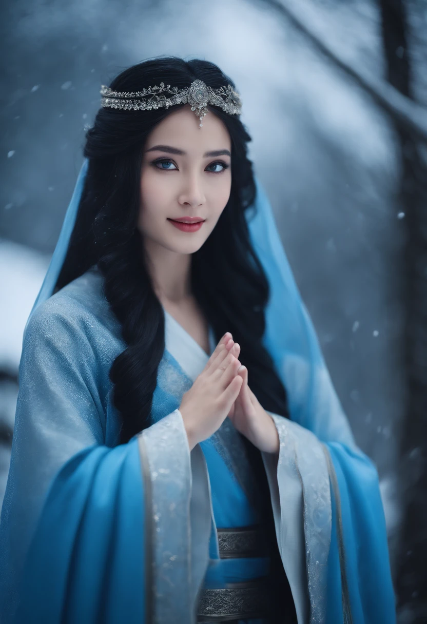 Best quality, 4K picture quality, 1girl, Nadia, blue eyes, blue Hanfu, snow, long black hair fluttering in the wind, healing smile, large aperture, blurred background, superpowered girl, frost Giants, frost elemental