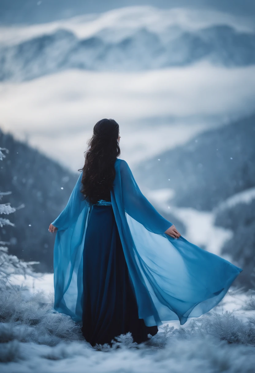 Best quality, 4K picture quality, 1girl, Nadia, blue eyes, blue Hanfu, snow, long black hair fluttering in the wind, healing smile, large aperture, blurred background, superpowered girl, frost Giants, frost elemental