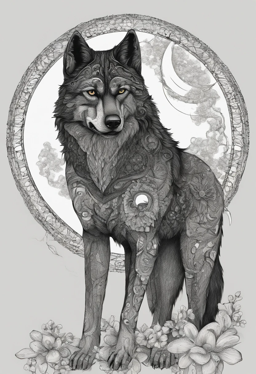 Mystical black wolf with moon flowers around.