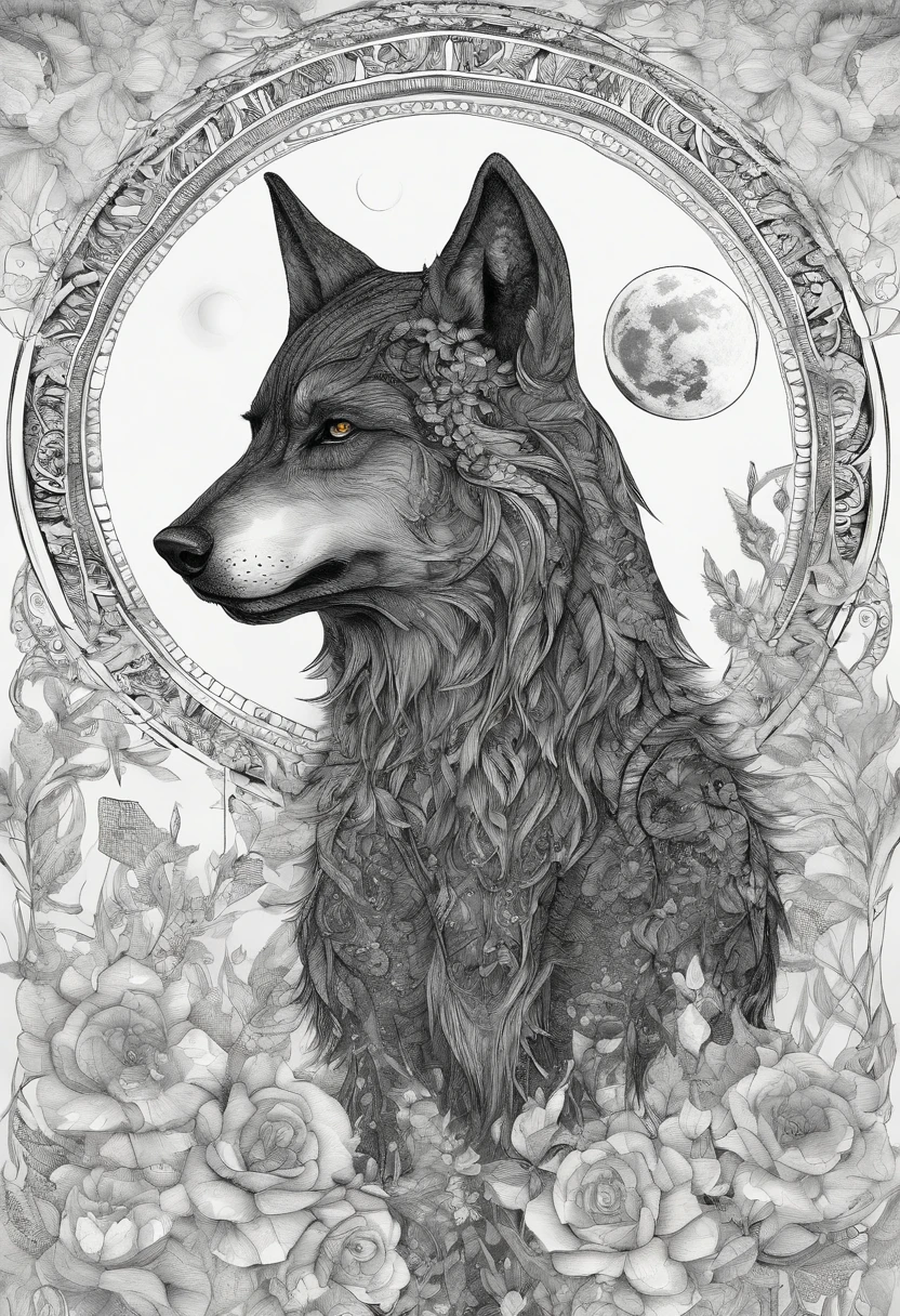 Mystical black wolf with moon flowers around.