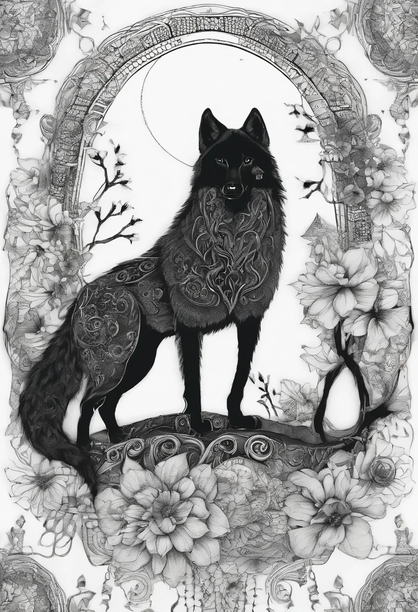 Mystical black wolf with moon flowers around.