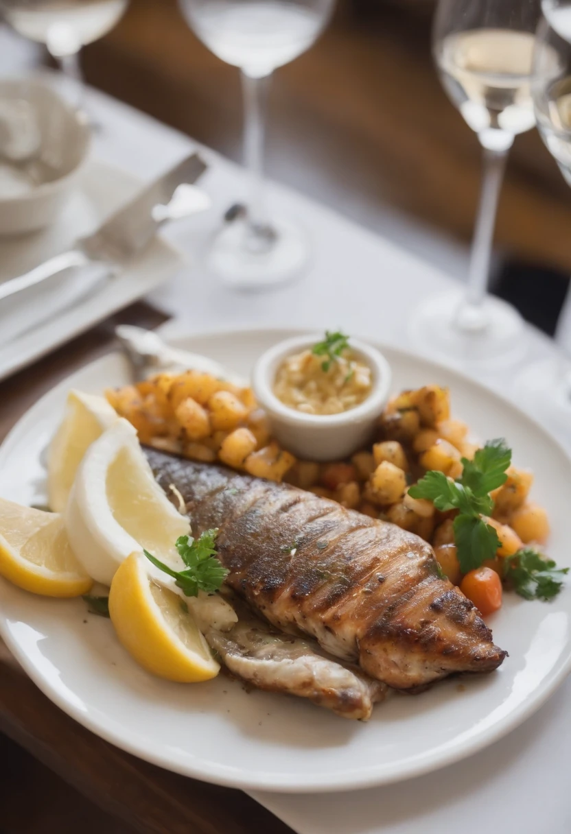 On the café table lies a tantalizing masterpiece – a trout kebab of a whole fish with notes of deep frying, da carne suculenta da qual espreita um osso. The view from above shows the dish basking in the soft daylight, sua delicadeza destacada pela manteiga cintilante. This photo shows the luxury of the café's ambiance, with an emphasis on the exquisite details of the succulent meat. Every bite is an explosion of flavor, e as texturas e tons sutis adicionam interesse visual. habilmente composto, This high-quality image awakens the senses and promises a truly luxurious dining experience.