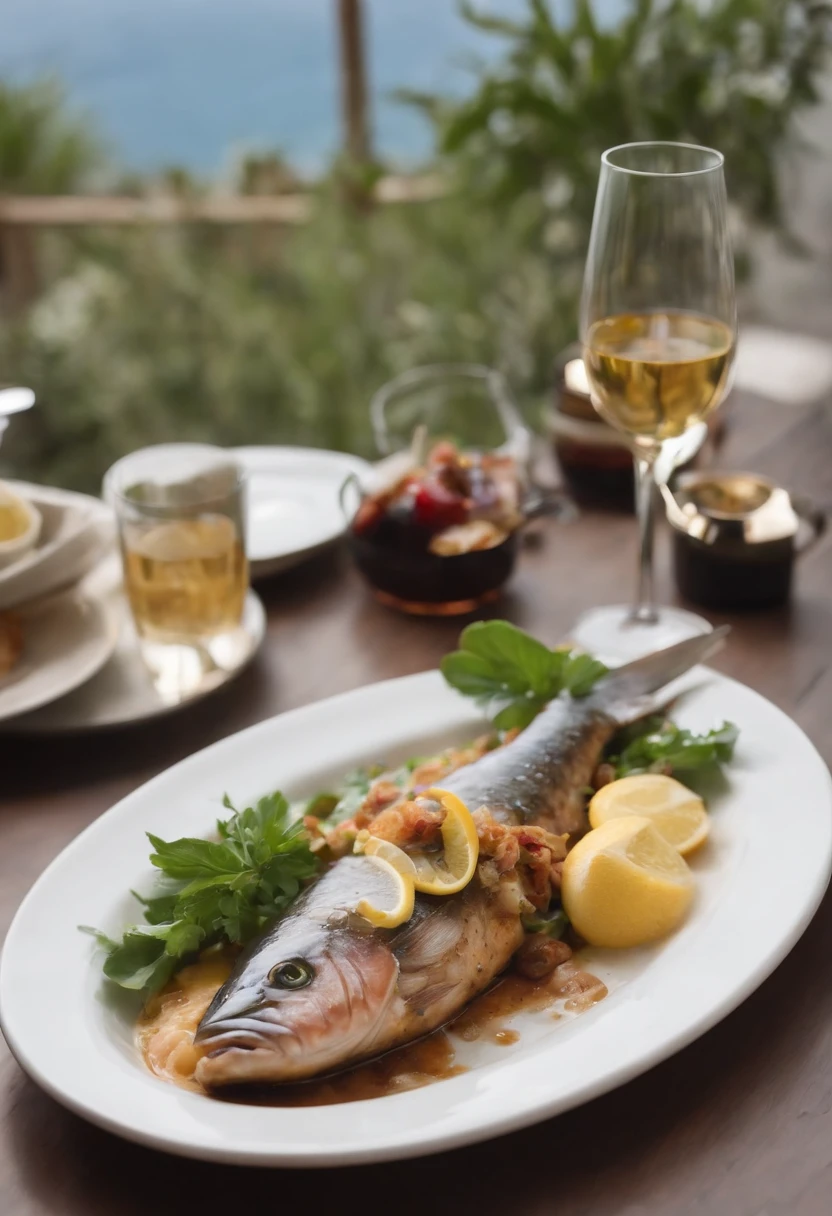 On the café table lies a tantalizing masterpiece – a trout kebab of a whole fish with notes of deep frying, da carne suculenta da qual espreita um osso. The view from above shows the dish basking in the soft daylight, sua delicadeza destacada pela manteiga cintilante. This photo shows the luxury of the café's ambiance, with an emphasis on the exquisite details of the succulent meat. Every bite is an explosion of flavor, e as texturas e tons sutis adicionam interesse visual. habilmente composto, This high-quality image awakens the senses and promises a truly luxurious dining experience.