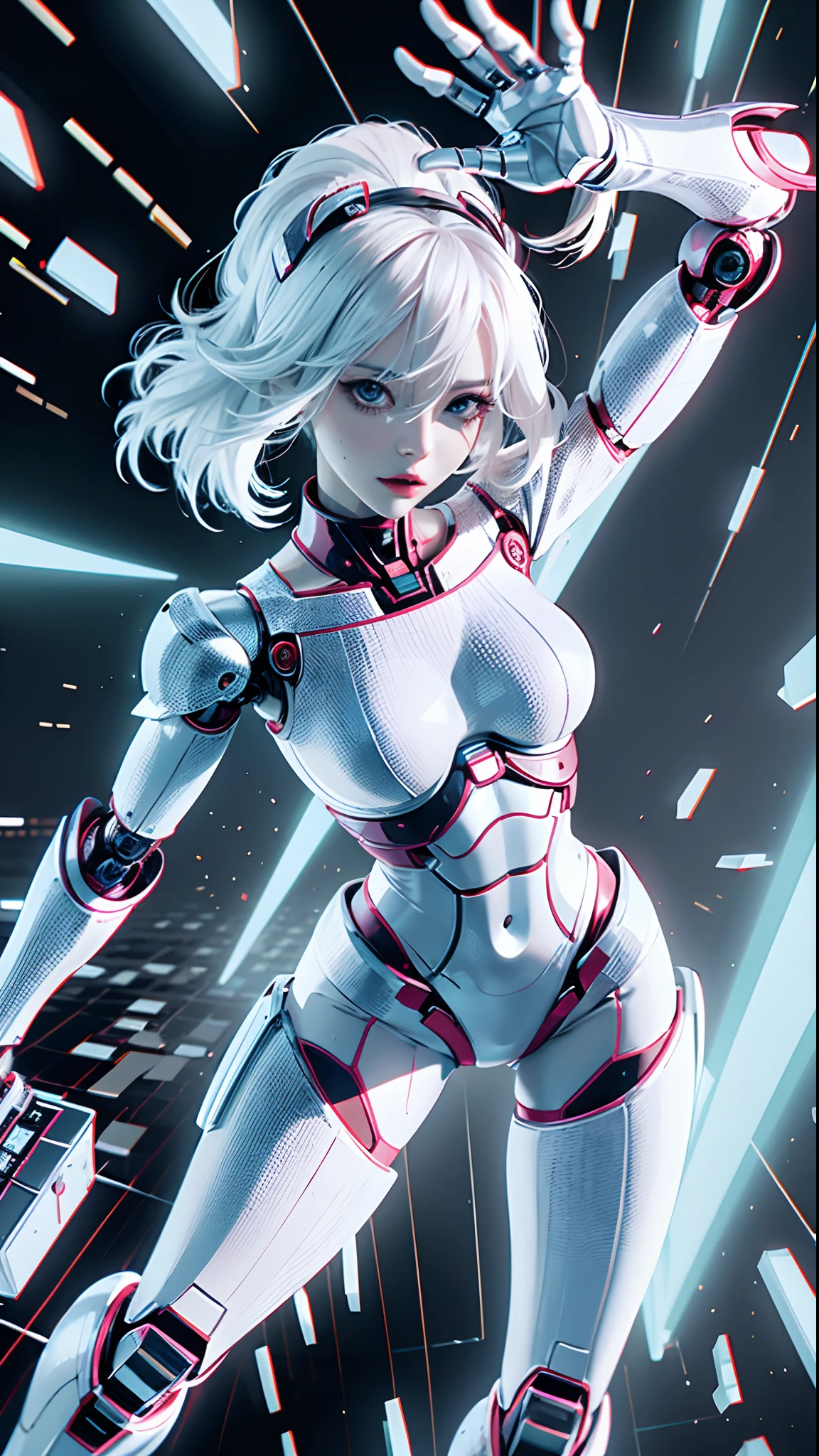 robot-girl, white colored hair, A face without emotion, dressless, Iron Woman