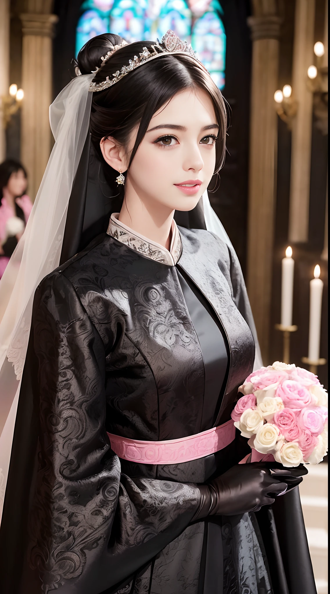 ((1 girl)) ((( Anne Hathaway:Selena Gomez:0.7))) ,(20year old)), hair((black)), eyes((smart eyes, black)), clothes((brocade, red wedding dress, red)), hair bun, tiara, veil, bouquet, aesthetic wedding costume, smiling, korean make-up look, bold make-up, white church, wedding in church,