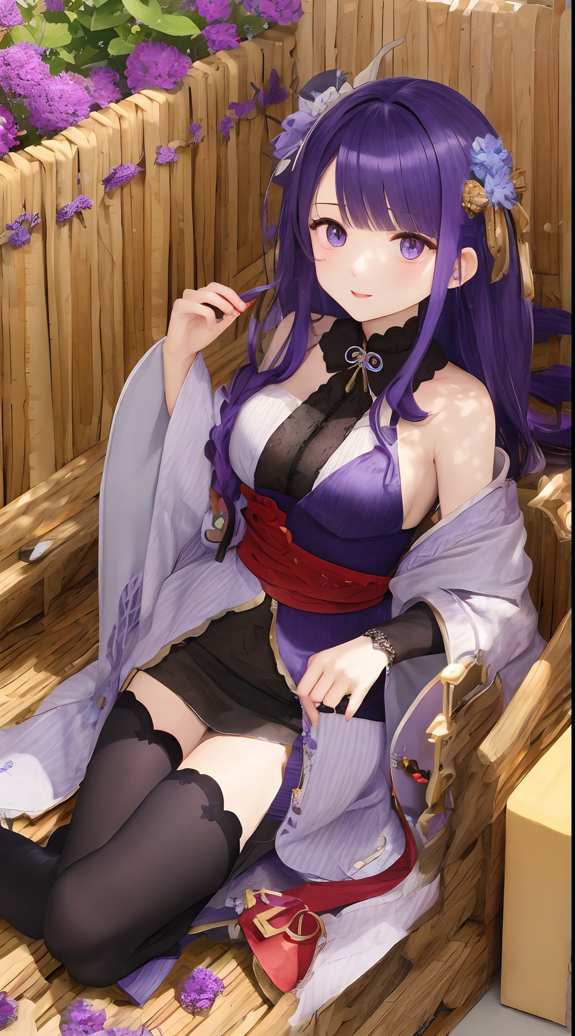 masterpiece, best quality, 1girl. Anime. Purple hair, pink strands in hair, yellow eyes, slit pupils, kitsune, big boobs, curvaceous, sweet expression, smiling, long hair, kimono, black kimono, purple kimono, white flowers, in the forest, kimono is fully closed, kimono covering chest and body