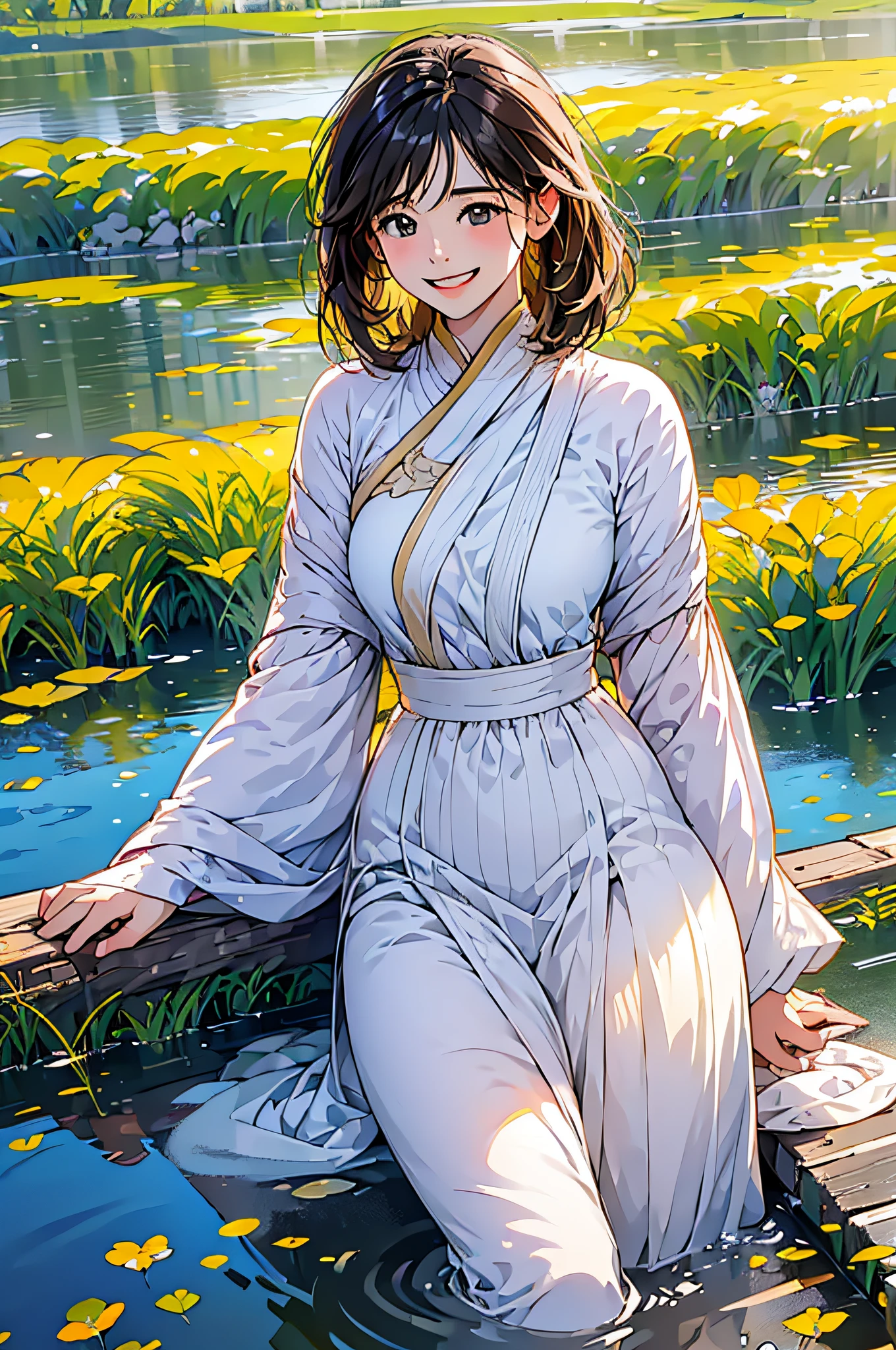 in 8K、top-quality、masterpiece:1.2)、1人の女性、(Smiling smile:1.1)、beautidful eyes、Valley、The upper part of the body、shorth hair、Like a boy、Colossal tits、Yellow view、
