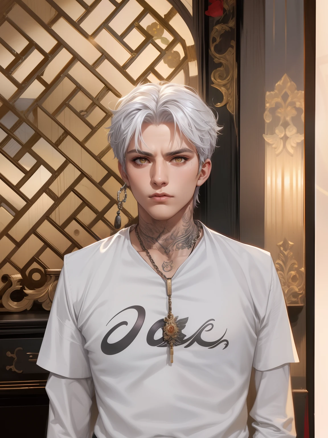 (Masterpiece,Best quality,Supergianthugebreasts_Detailed,A high resolution,absurderes),1boys, Male focus, tattoo, Solo, White hair,chain, shirt, black necktie, tiese, Simple background, Yellow eyes, Upper body, vest, Short hair, view the viewer, parted lip, Collared shirt, circle glasses, Long sleeves, neck tattoo, Put your hand on your shoulder, arm tattoos, Black shirt, Red background, Brown vest, monocle, jewelry (looks away:1.2)
