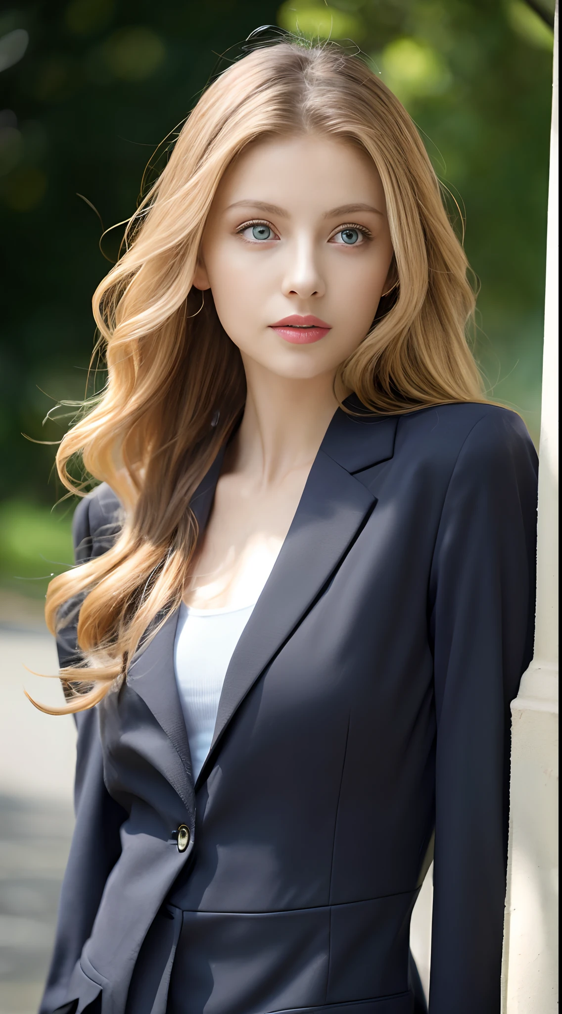 top-quality、masterpiece、超A high resolution、(Photorealsitic:1.4)、Raw photo、1girl、lightbrown hair、waved hair、gradation hair、small tits、blue eyess、Eyes and faces with detailed、black suits、动态照明、murky、deep-shadows、Unobtrusive、Slimed、A slender、Full-length body