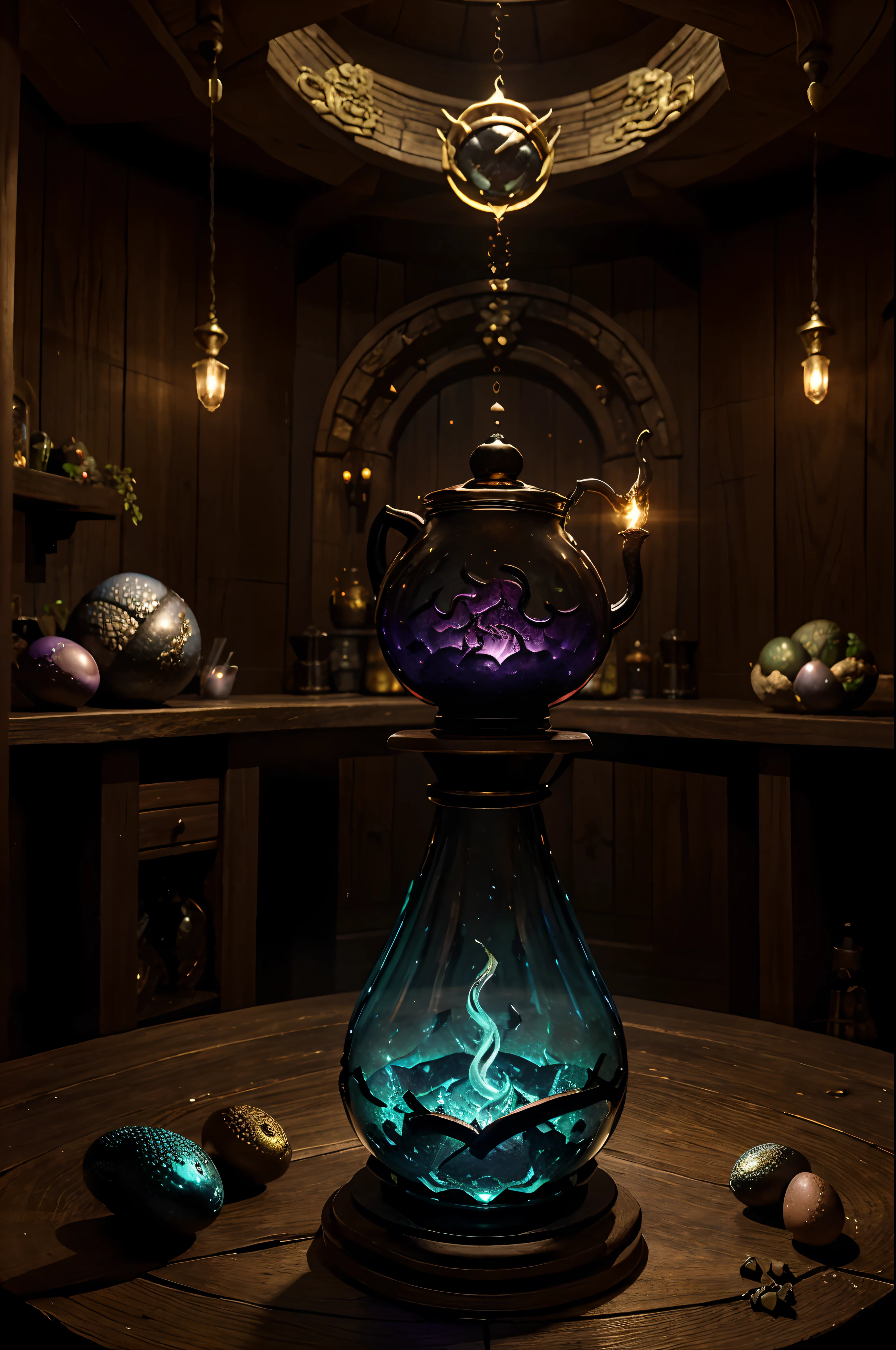 The Animal Empowerment Potion is a mythical elixir, encased in a gleaming, obsidian-black vial. It rests within a dragon's nest, surrounded by a collection of majestic dragon eggs. One of these eggs has recently hatched, and a tiny dragon, its scales glistening with iridescence, stands guardedly beside the potion. The dark, enigmatic glow of the elixir blends seamlessly with the mystical ambiance of the dragon's nest, creating an aura of ancient power and potential. The surroundings are imbued with a sense of wonder and the promise of the wild, as the guardian dragon watches over the potion's secrets.