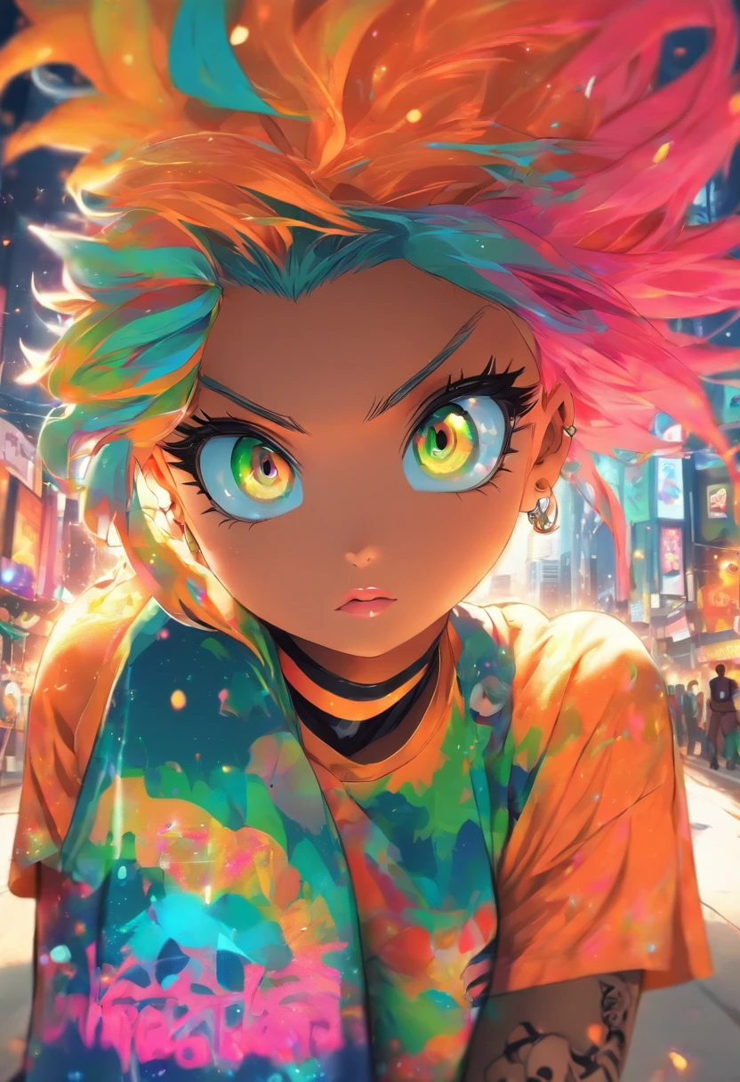 A garota de skate mais bonita e sexy, rainbow colored hair, olhos amarelos, usando capuz, graphic tee, jeans skinny rasgados e equipamentos de skate altamente detalhados, toneladas de tatuagens e piercings, Antecedentes altamente detalhados, Obra-prima perfeita, alta qualidade, high resolution