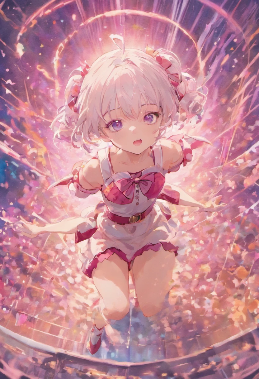 Masterpiece, best quality, super detailed, illustration, beautiful detailed eyes, close up, a girl. It is white hair, pink bow, white pcoset. Squat on the ground looking at viewer