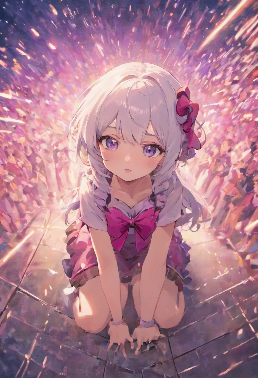 Masterpiece, best quality, super detailed, illustration, beautiful detailed eyes, close up, a girl. It is white hair, pink bow, white pcoset. Squat on the ground looking at viewer