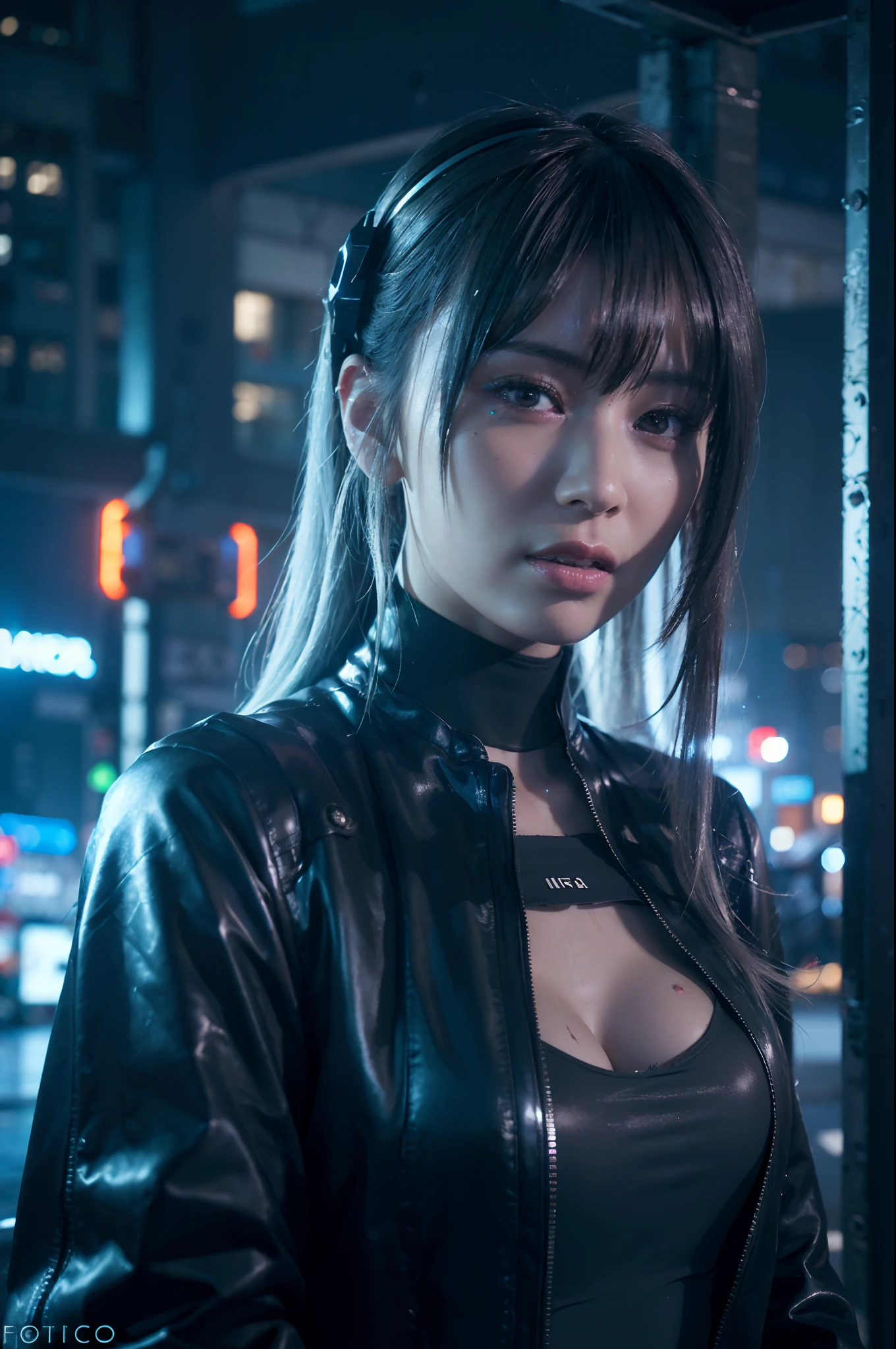 Dark Body 8K Drive Rendering, Teenage Female Cyborg, Silvery hair, Wearing broken battle armor, In the city of neon lights, action SHOT, Torn tattered shirt, Perfect tooth alignment, Skin pores, Detailed complex iris, Very dark lighting, heavy shadow, Detailed and detailed face, ((vibrating, photos realistic, realist, Dramatic, murky, foco nítido, 8?And then)), ::Futuristic cyberpunk style, Realistic style, ::n_digital-painting style
