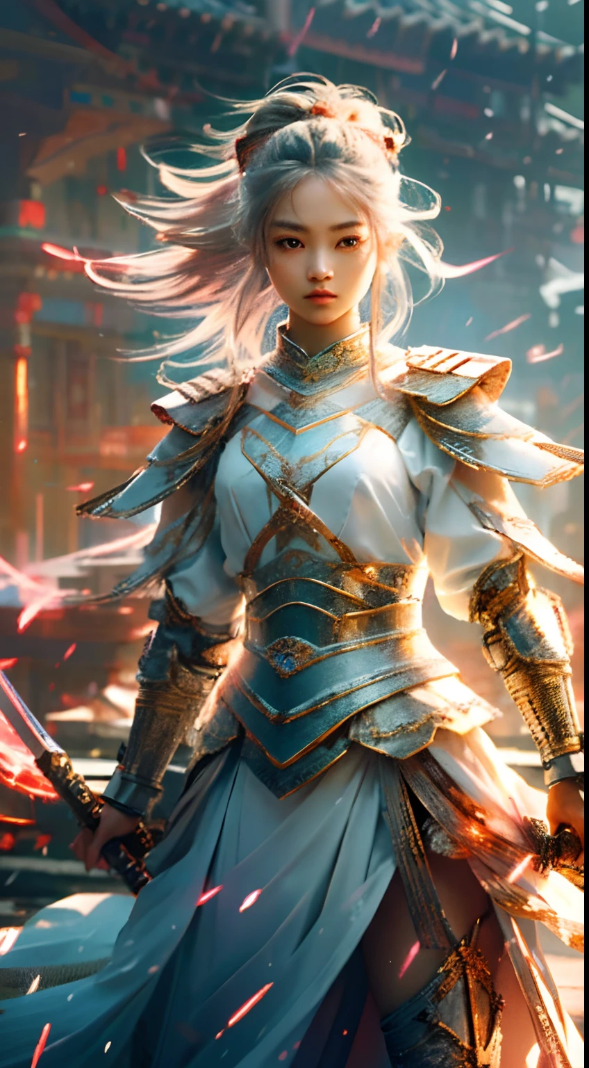 On the battlefield of winter, An oriental beauty,Wearing tattered armor,wielding a weapon in his hand.(( Lightning danced beside her)), Echoing the strength of her determination,Because she embodies the power of the forces of nature in battle.offcial art, 8k wallpaper, Ultra detailed, Beautiful and aesthetic, Beautiful, Masterpiece, Best quality,(Focus on thighs up),Real human face,Clear face,Eyes detailed,(Wind,Fluttering strands of hair,Flowing skirt),