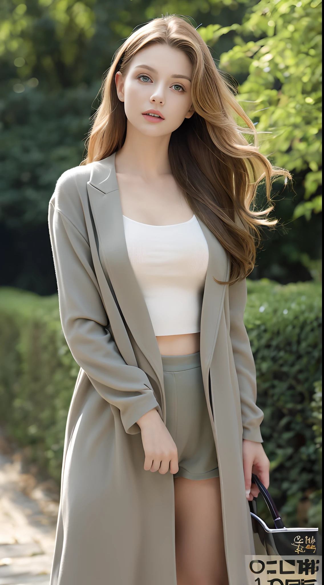 top-quality、​masterpiece、超A high resolution、(Photorealsitic:1.4)、Raw photo、1girl、lightbrown hair、waved hair、gradation hair、small tits、blue eyess、Eyes and faces with detailed、black suits、动态照明、murky、deep-shadows、Unobtrusive、Slimed、A slender、Full-length body