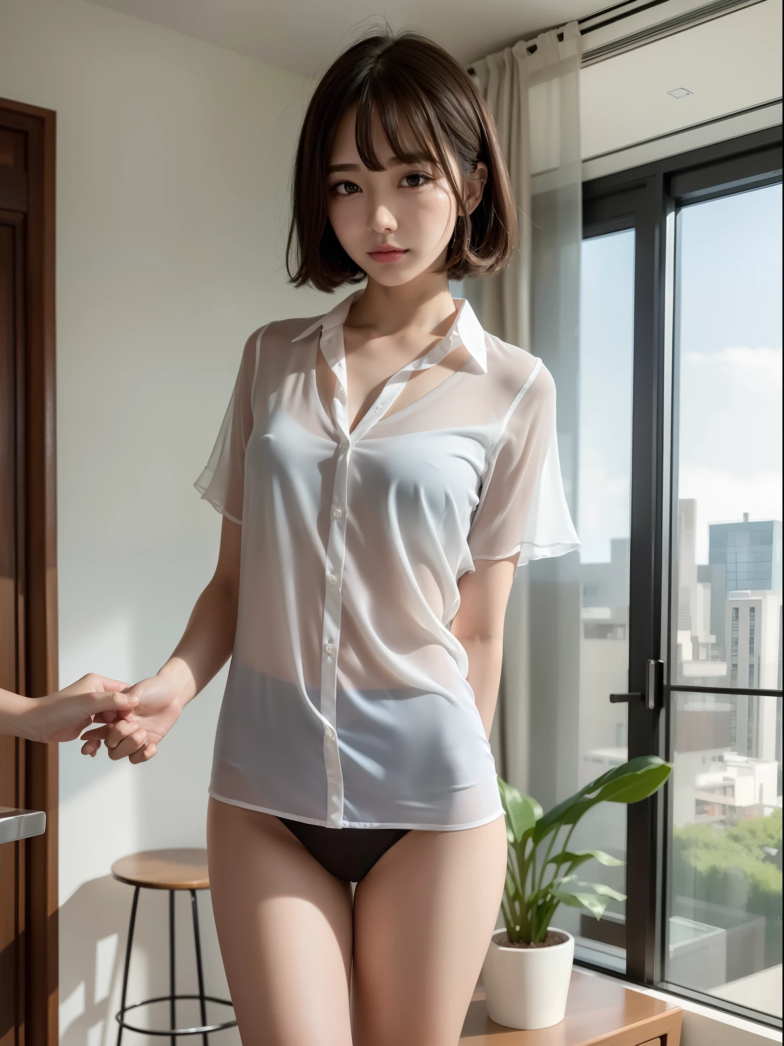 ((of the highest quality, 8K, masutepiece: 1.3, Raw photo)), Sharp Focus: 1.2, (1 AESPA Girl :1.1), Solo, (Realistic, Photorealistic: 1.37), (Face Focus: 1.1), Cute face, hyperdetailed face, short messy hair, Small Smile, small breasts, flat chest, nude, (chiffon blouse, panties: 1.2), standing, from below, office room, thigh, flower, lily