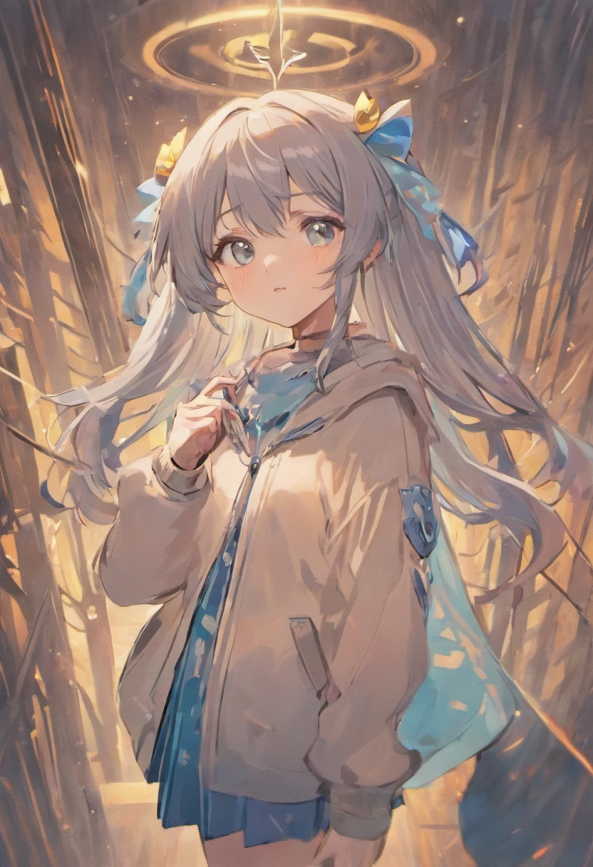 Gray hair color dull light blue inner、Wolf cut hairstyle、The hair on the sides is a princess cut in layers、Clothes made of jersey、white knee highs、Zito-order、kawaii