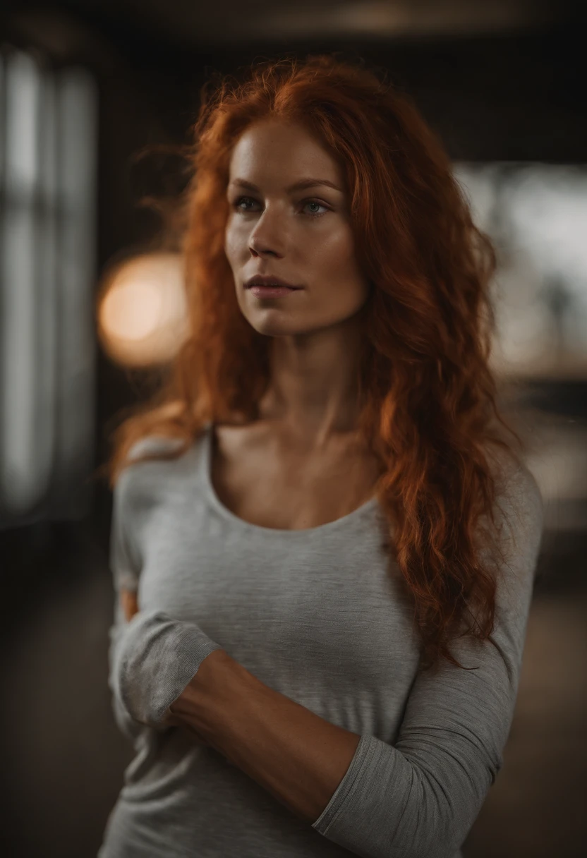 photo femme rousse, cheveux roux, en tenue de sport, pratiquant une position de yoga, dans une salle de sport, cheveux roux longs clairs