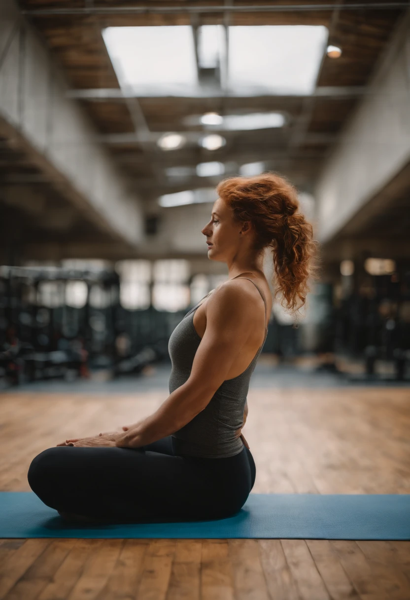 photo femme rousse, cheveux roux, en tenue de sport, pratiquant une position de yoga, dans une salle de sport, cheveux roux longs clairs