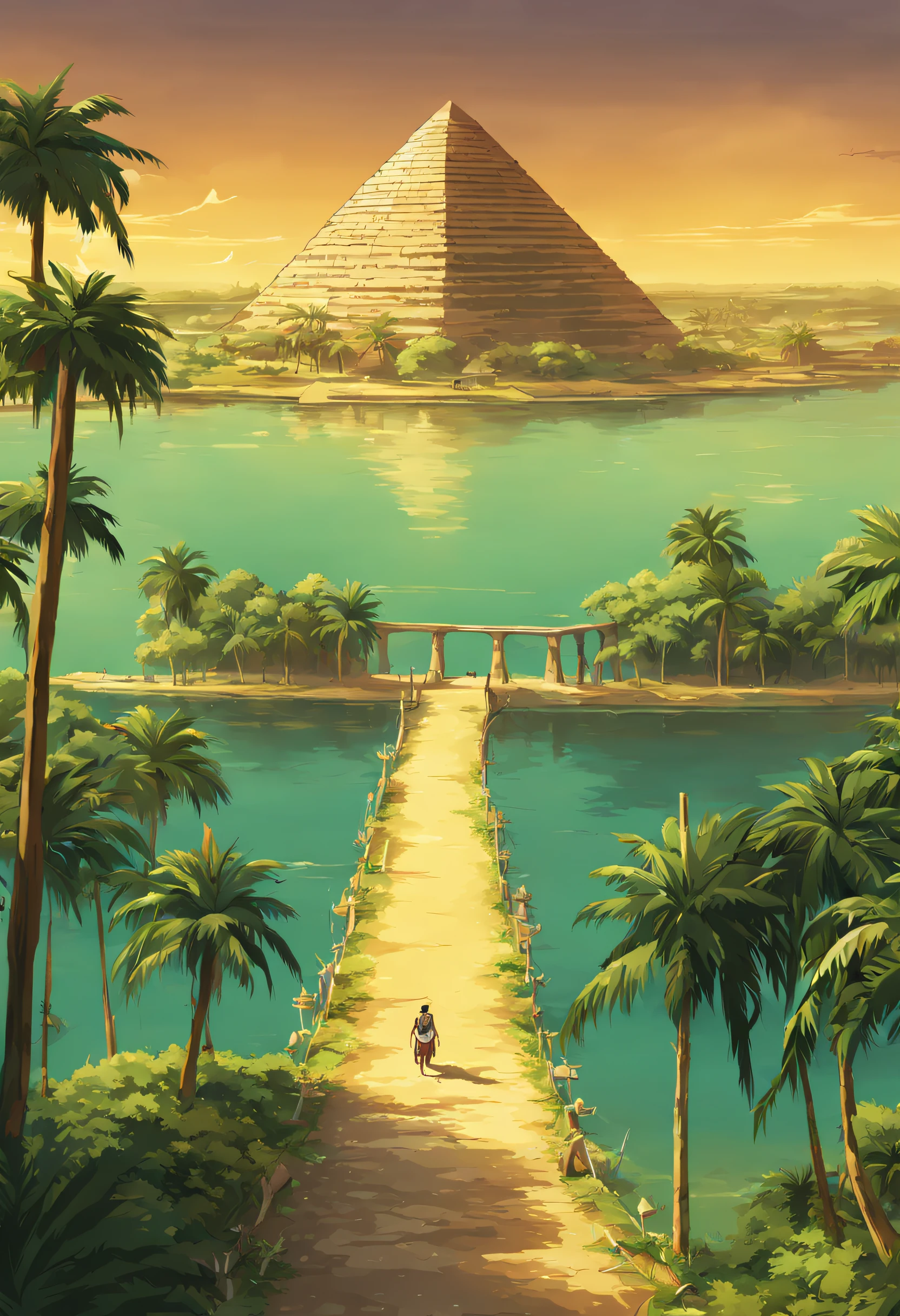 Uma paisagem do antigo Egito, with pyramids, palmeiras e o rio Nilo ao fundo. imagem estilo anime