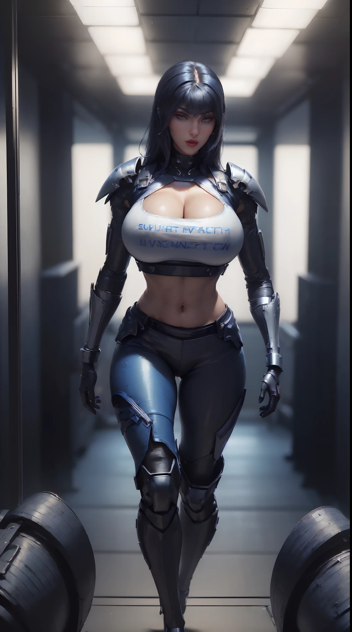 (1GIRL,SOLO:2), (super detailed face), (black hair:1.3), ((BIG BUTTOCKS, HUGE FAKE BREASTS:1.5)), (CLEAVAGE TOP:1.5), (11 LINE ABS FEMALE:1.4), (MECHA GUARD ARM:1.4), ((WEAR BLUE BLACK OVERWATCH MECHANICAL ARMOR CROP TOP, BLACK MECHANICAL SKINTIGHT SUIT PANTS, MECHA GUARD ARMOR LEGS, HIGH HEELS:1.5)), (LEWD VOLUPTUOUS BODY:1.3), (GLOWING SKIN:0.8), (LONG LEGS, FULL BODY:1.1), (LOOKING AT VIEWER:1.3), (female focus:0.886), (WALKING DOWN HALLWAY OF FUTURISTIC SPACE STATION:1), (BRIGHT LIGHT WHITEROOM:1.3), SUPER TEXTURE, UNREAL ENGINE RENDER, PHYSICALLY-BASED RENDERING, ULTRA HIGHT DEFINITION, 16K, 1080P.