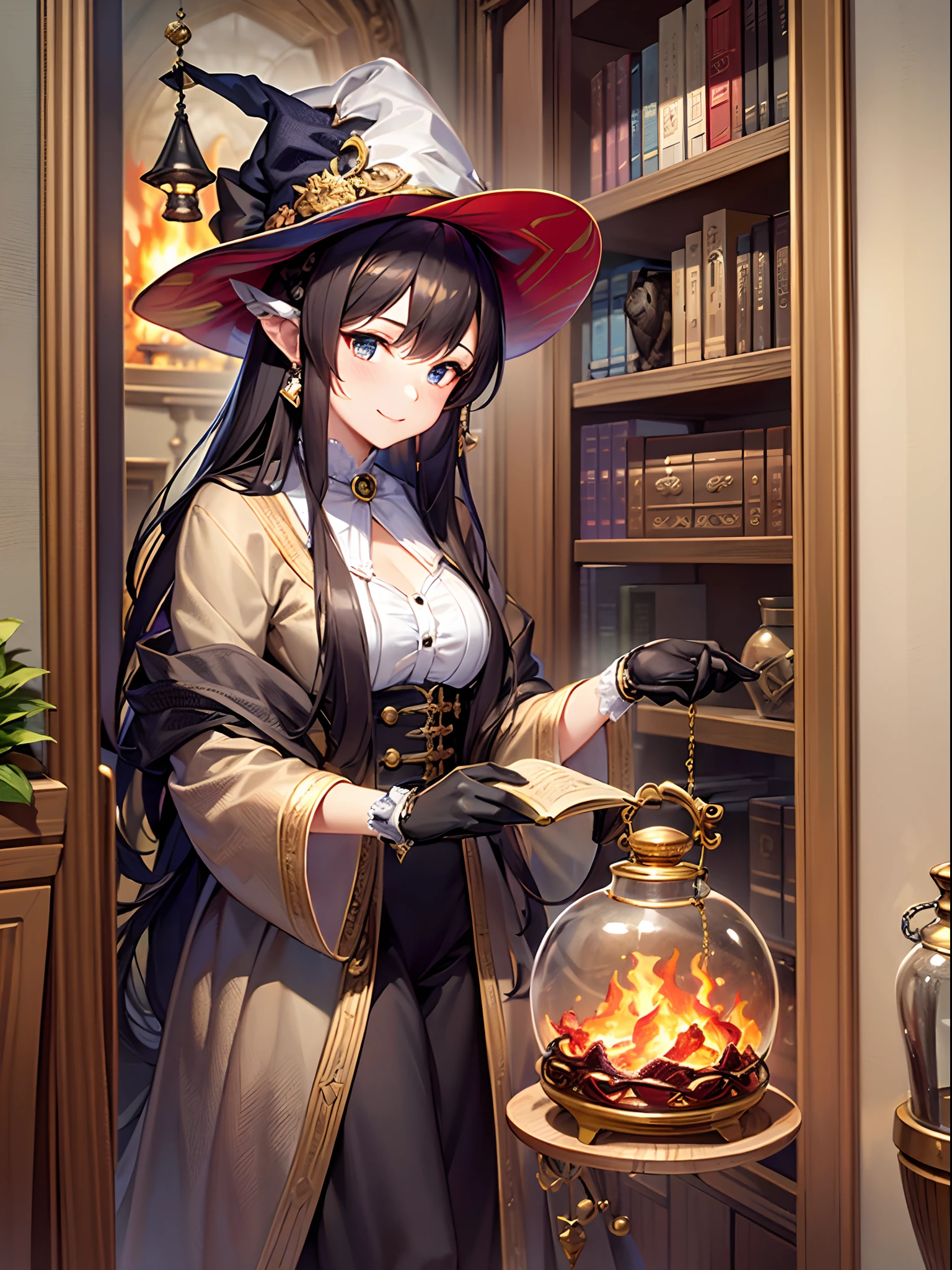 ((Finest quality)),(超A high resolution),(ultra-detailliert),(Meticulous portrayal),((Best CG)),(Finest works of art),Ultra-Precision Art,The art of astounding depiction, (Fire trapped in a jar:1.3),armillary sphere:1.3, (1人の女性:1.5),(the witch),curiosity:1.5:ssmile:1.3, Elaborately carved bookshelves:1.3