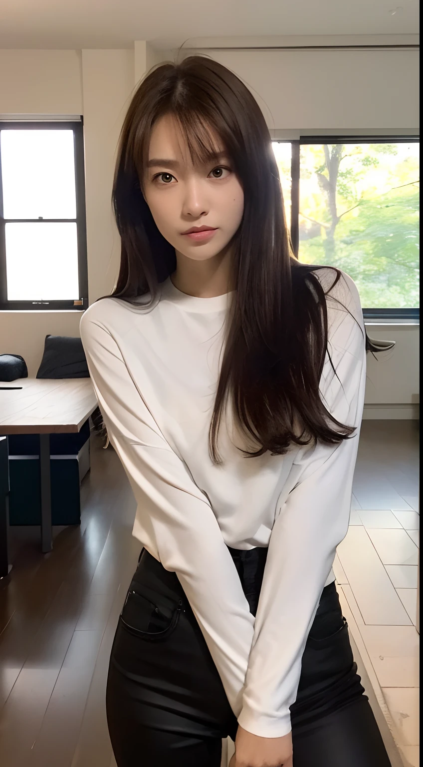 ((Midnight, Best Quality, 8K, masutepiece :1.3)), Whole body, Long legs, Sharp Focus :1.2, A pretty woman with perfect figure :1.4, Slender Abs :1.1, ((dark brown hair, Same as :1.2)), (White tight tshirt, Black Training Pants:1.2), ((inside in room:1.3)), Highly detailed face and skin texture, Detailed eyes, 二重まぶた，White sweater，Snow outside，Winters