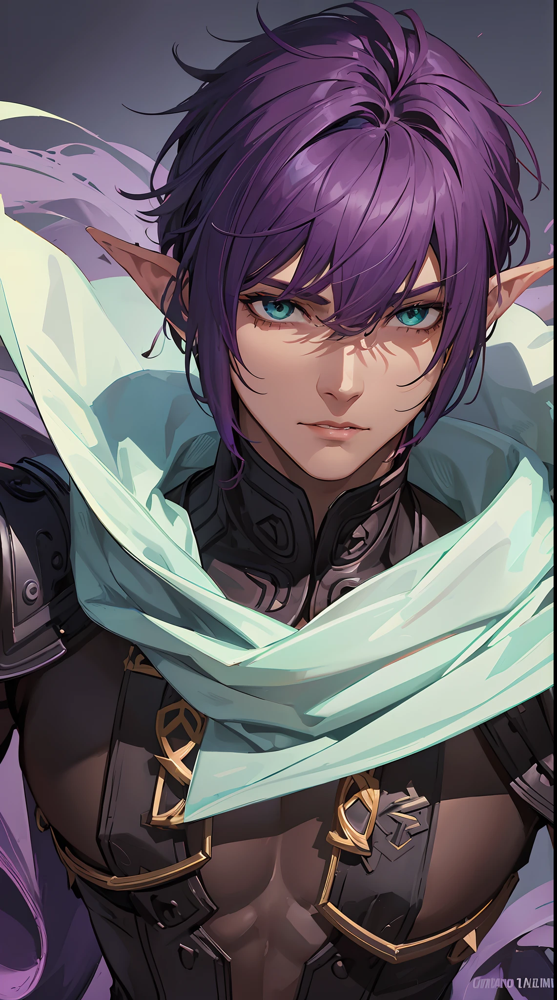 Cover magazine. Solo. Adult Man. A man with dark brown skin. Short hair.  purple hair. Bright purple hair. and green eyes. His ears were pointed. A dark elf. fantasy style of dress. Stumpy. Knight. Handsome. Light background. Maskulin.