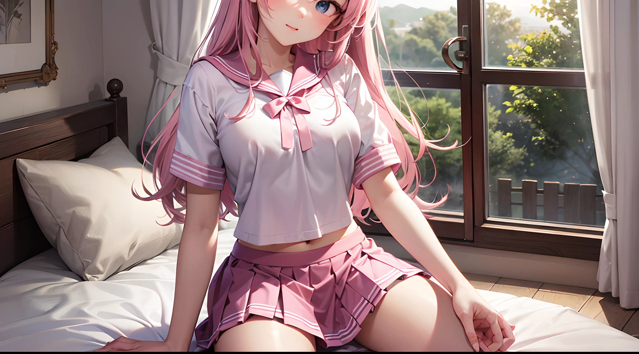 Beautiful illustration、top-quality、 s、Bedroom、A pink-haired、long whitr hair、(((Pink pleated skirt)))、(((Pink sailor suit)))、short- sleeved、Colossal tits、a navel、Turn up the skirt with your hands、showing white panties、Pull up the skirt,Bare legged、eBlue eyes、on top of the bed、Lovely thighs、glowing thigh