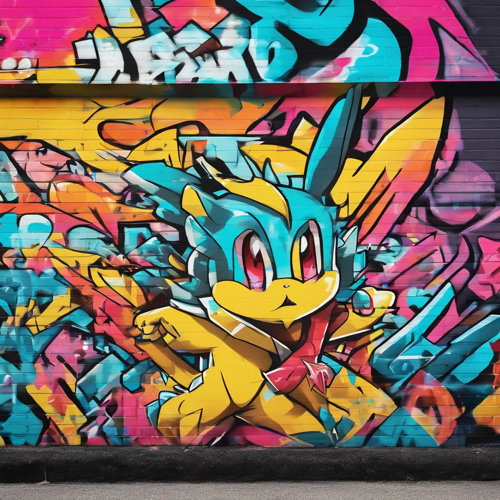 Graffiti on the wall of a building with Pokémon Blackie, street art 8 k, Acid Blackie, illustration pokemon, Cyberpunk Blackie, urban art style, graffiti on wall, graffiti art, Urban Graffiti, Blackie, graffiti on the walls, graffiti street art, streetart, graffiti on the walls, graffiti on the walls, Graffitti art, In graffiti style, A pokémon