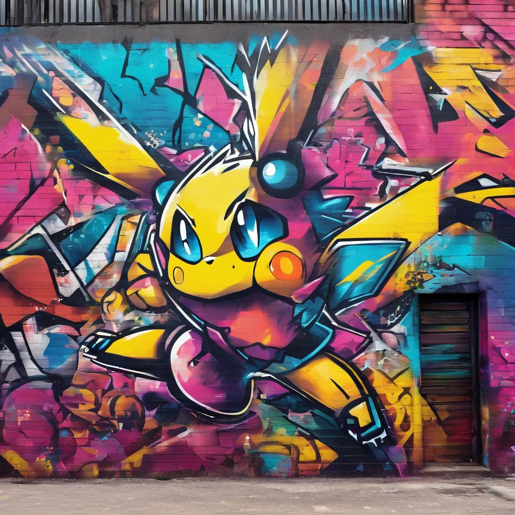 Graffiti on the wall of a building with Pokémon Blackie, street art 8 k, Acid Blackie, illustration pokemon, Cyberpunk Blackie, urban art style, graffiti on wall, graffiti art, Urban Graffiti, Blackie, graffiti on the walls, graffiti street art, streetart, graffiti on the walls, graffiti on the walls, Graffitti art, In graffiti style, A pokémon