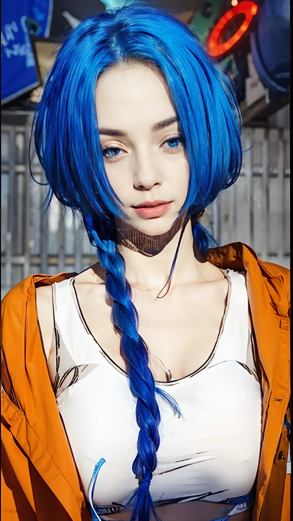 a close up of a woman with blue hair, wearing orange jacket, white t-shirt, beautiful blue haired girl, girl with blue hair, high quality, blue hair, mix hair, purple hair, full body, (photorealistic:1.4), raw photo, 1girl, looking_at_viewer, makeup, solo, light smile,shadows, contrast, analog style (look at viewer:1.2) (skin texture) (film grain:1.3), (warm hue, warm tone:1.2), close up, cinematic light, sidelighting, ultra high res, best shadow, RAW, RAW photo, a 22-year-old, lipstick, soft lighting, high quality, ((soft lighting:1.4),(pale skin:1.4), highres, sharp focus, extremely detailed, (spotlight), stage, beautiful detailed eyes, masterpiece, cinematic lighting, dslr, Fujifilm XT3,