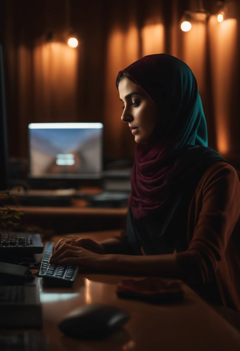 Aesthetic photo, une femme musulmane de face, un bureau avec un ordinateur de jeu, Windows, Lighting, High Detail, un art conceptuel, un behance, un jet de rayons, volumetric lighting